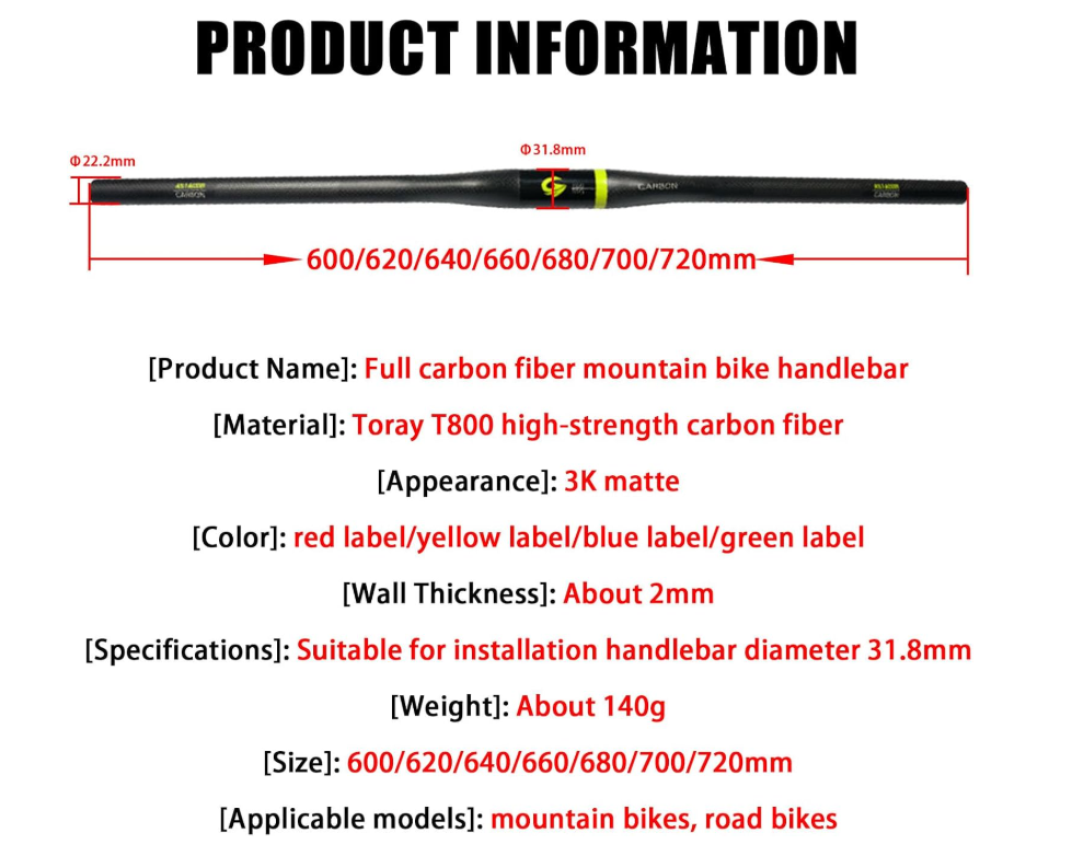 31.8mm Mountain Bike Handlebar T800 Full Carbon Fiber Handlebar Length 600-720mm 3K Matte for Mountain Bikes And Road Bikes,Red,700mm