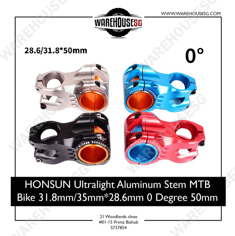 HONSUN Ultralight Aluminum Stem MTB Bike 31.8mm 35mm Handlebar Stem 28.6mm 0 Degree 50mm