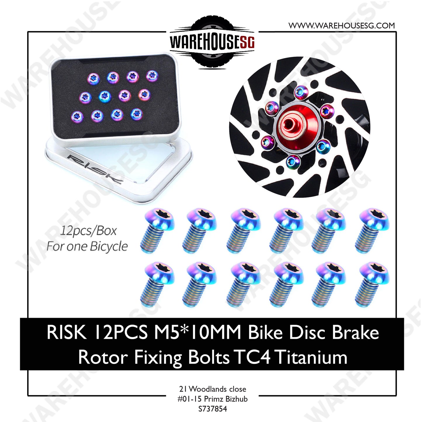 RISK 12PCS M5X10MM Bike Disc Brake Rotor Fixing Bolts TC4 Titanium Bicycle MTB Bike Ultralight Brake Screw Cycling Accessories