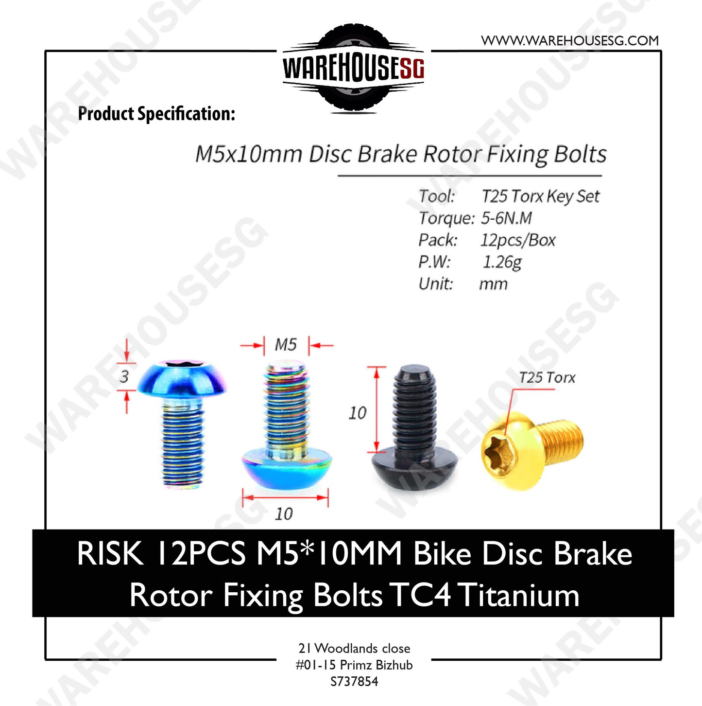RISK 12PCS M5X10MM Bike Disc Brake Rotor Fixing Bolts TC4 Titanium Bicycle MTB Bike Ultralight Brake Screw Cycling Accessories
