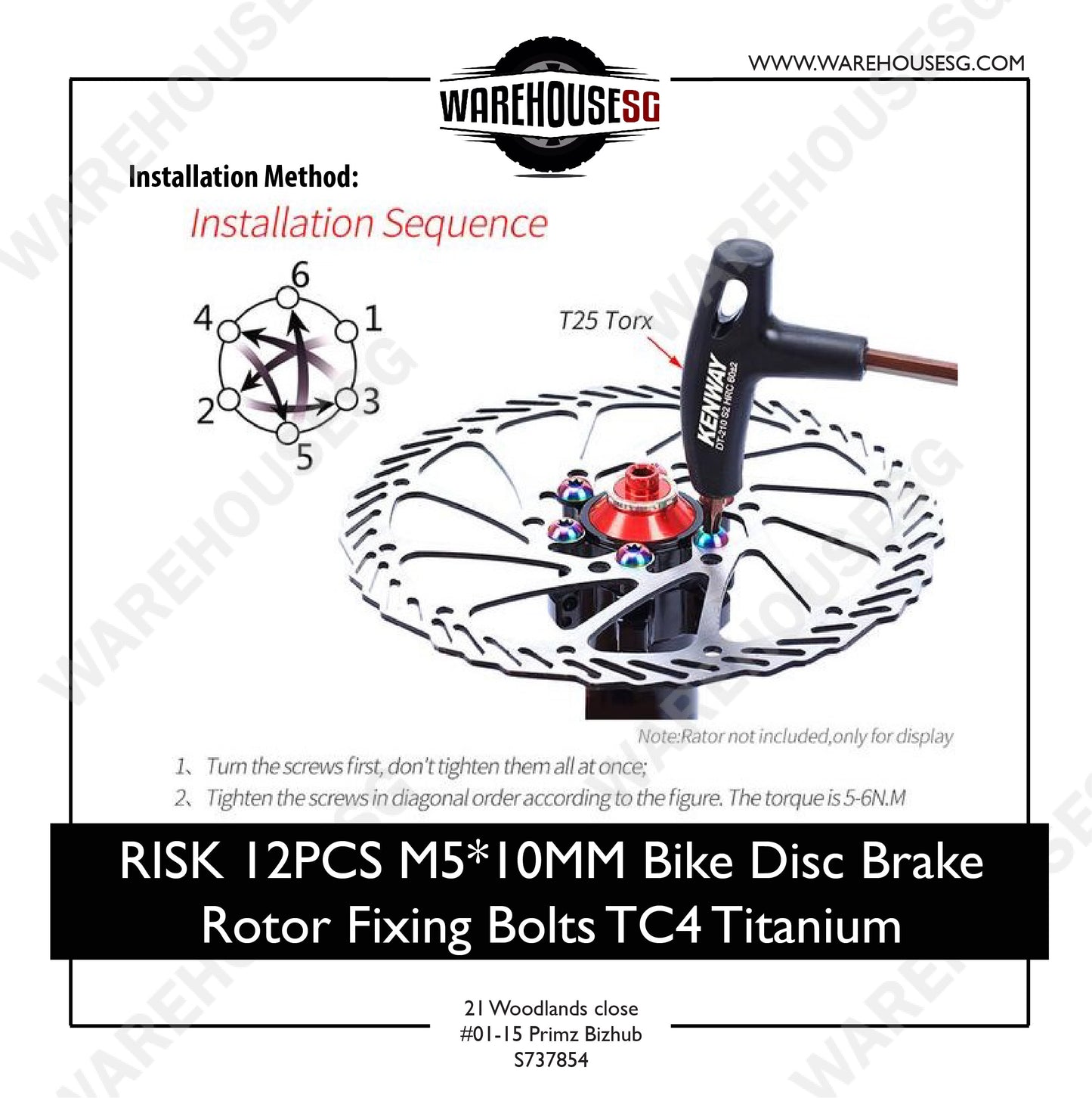 RISK 12PCS M5X10MM Bike Disc Brake Rotor Fixing Bolts TC4 Titanium Bicycle MTB Bike Ultralight Brake Screw Cycling Accessories