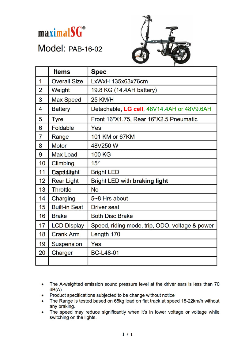 MAXIMALSG Ebike PAB 16 inch X16 48V Flexible LG cell 16×2.5 CST ebike tyre with suspension170 crank arm
