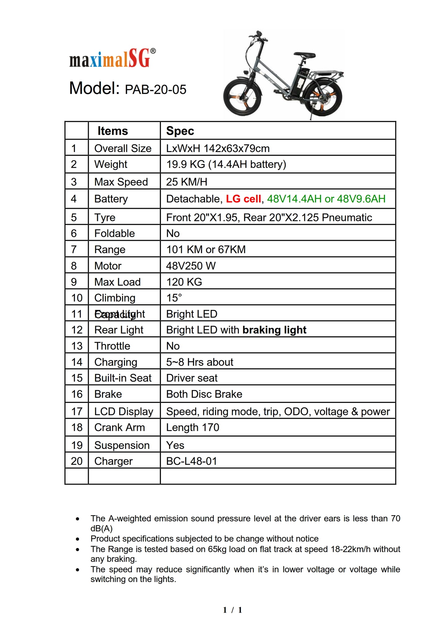 MAXIMALSG Ebike PAB 20 inch X20 48V Flexible LG cell