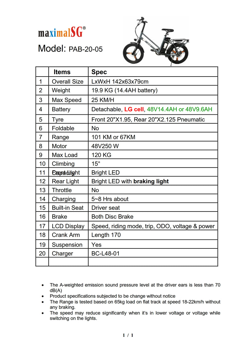 MAXIMALSG Ebike PAB 20 inch X20 48V Flexible LG cell