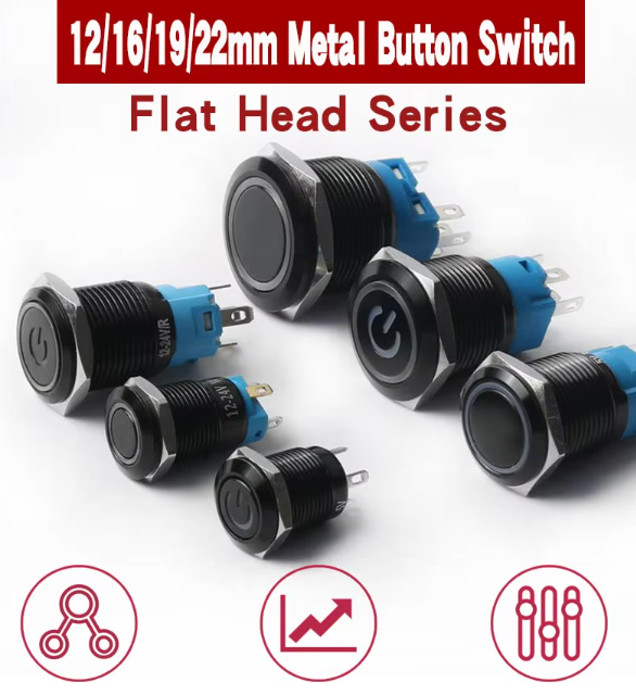 12/16/19/22mm Flat Head Black Metal Push Button Switch Momentary Latching Waterproof Illuminated Led Light Switch 5V 12V 220V
