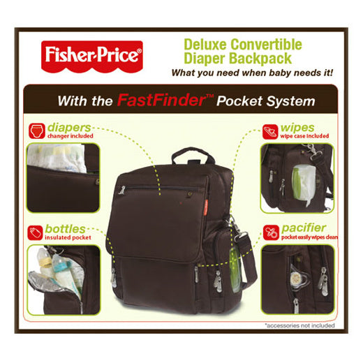 Fisher Price Deluxe Convertible Diaper Backpack with FastFinder™ Pocket System