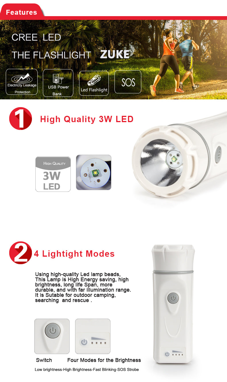 ZUKE 3W 200lumens Portable LED Touch + USB Power Bank 5200mAh