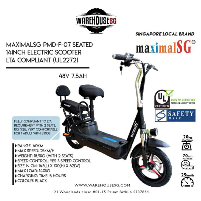 MaximalSG PMD-F-07 UL2272 Certified 14" Seated Electric Scooter LTA Compliant/FIIDO/DYU/TEMPO
