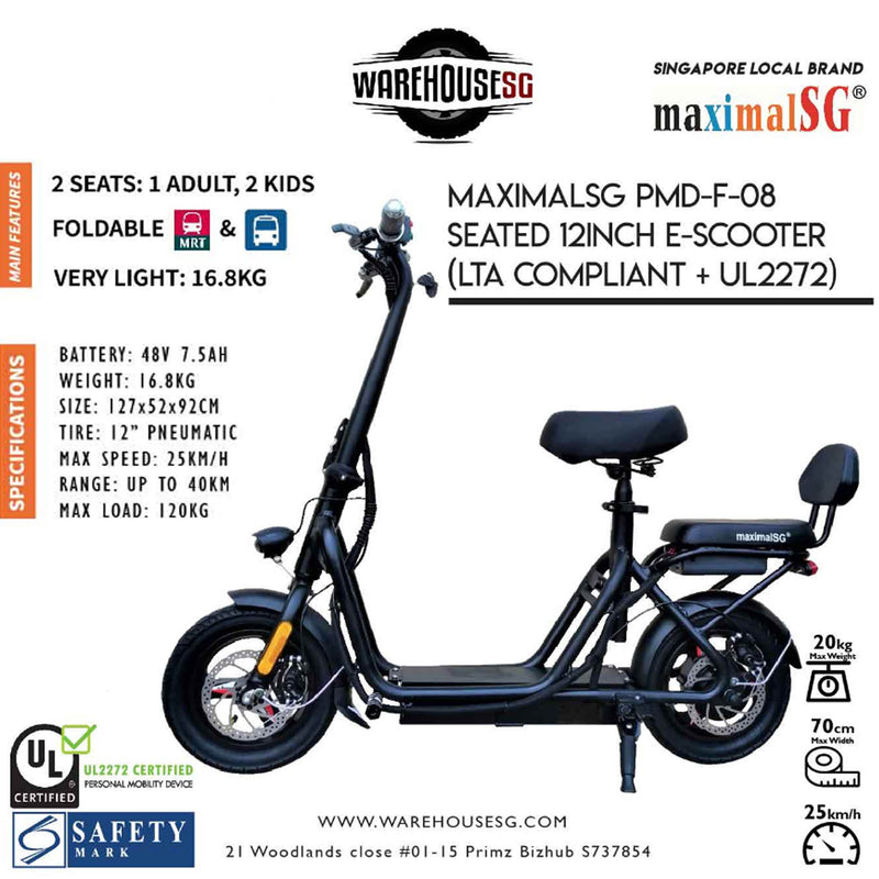 MaximalSG PMD-F-08 UL2272 Certified 12" Electric Scooter LTA Compliant/FIIDO/DYU/TEMPO