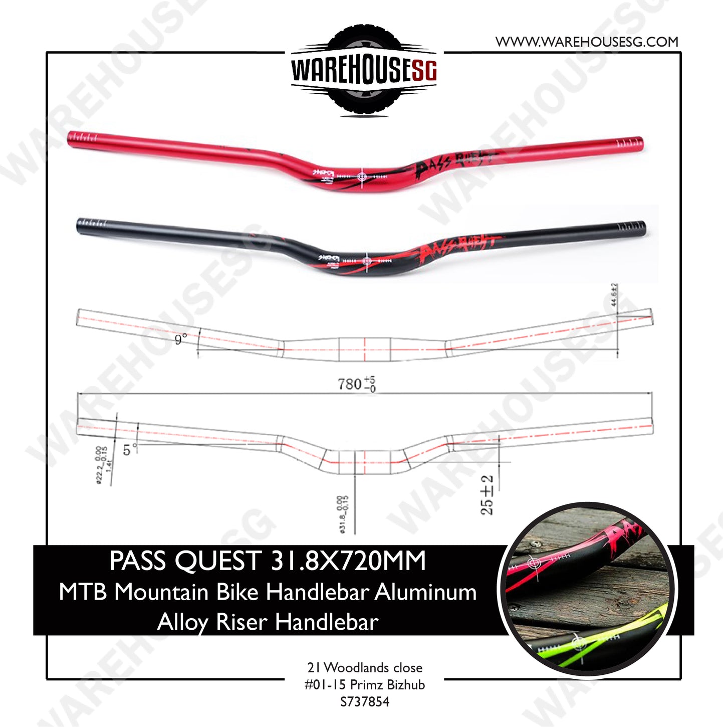 PASS QUEST 31.8mm x 720MM MTB Mountain Bike Handlebar Aluminum Alloy Riser Handlebar