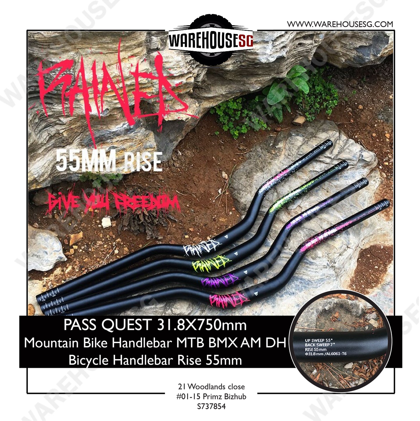 PASS QUEST 31.8mm x 750mm Mountain Bike Handlebar Rise 55mm