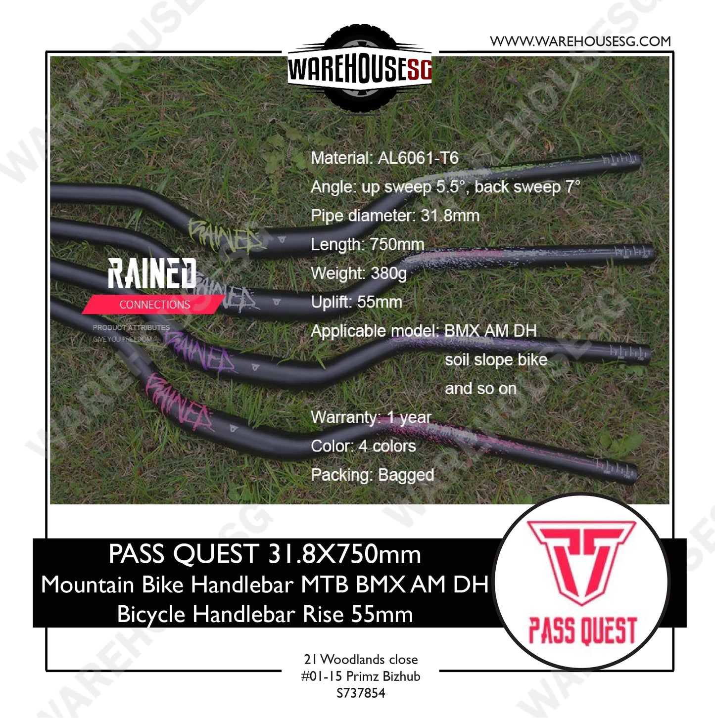 PASS QUEST 31.8mm x 750mm Mountain Bike Handlebar Rise 55mm