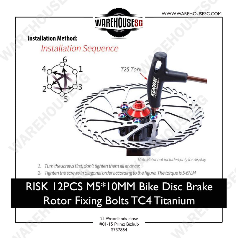 RISK 12PCS M5*10MM Bike Disc Brake Rotor Fixing Bolts TC4 Titanium