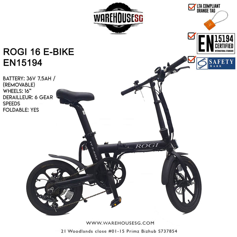 ROGI 16 Electric Bicycle | 36V 7.5AH | Shimano 6 Gear | EN15194 | Foldable Ebike (LTA Approved)