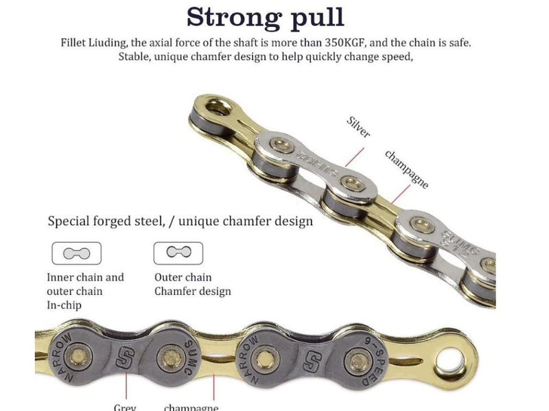 SUMC Bike Chain 10 speeds Grey Gold S10L Semi Hollow