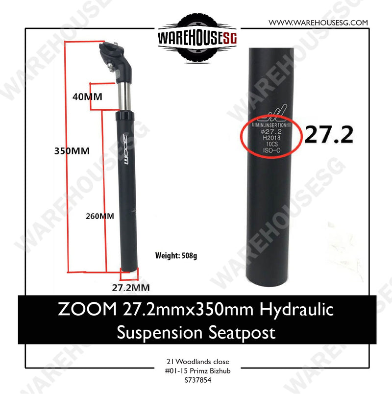 ZOOM 27.2/31.6mmx350mm Hydraulic Suspension Seatpost for MTB Bike/ Bicycle / Electric Scooter