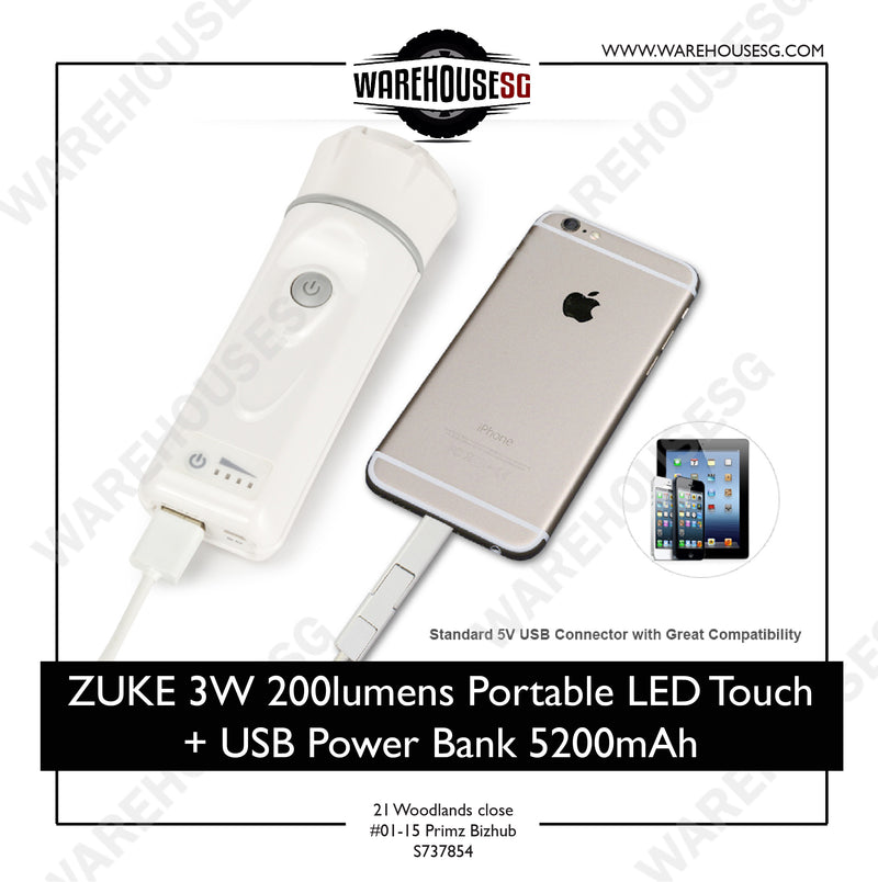 ZUKE 3W 200lumens Portable LED Touch + USB Power Bank 5200mAh