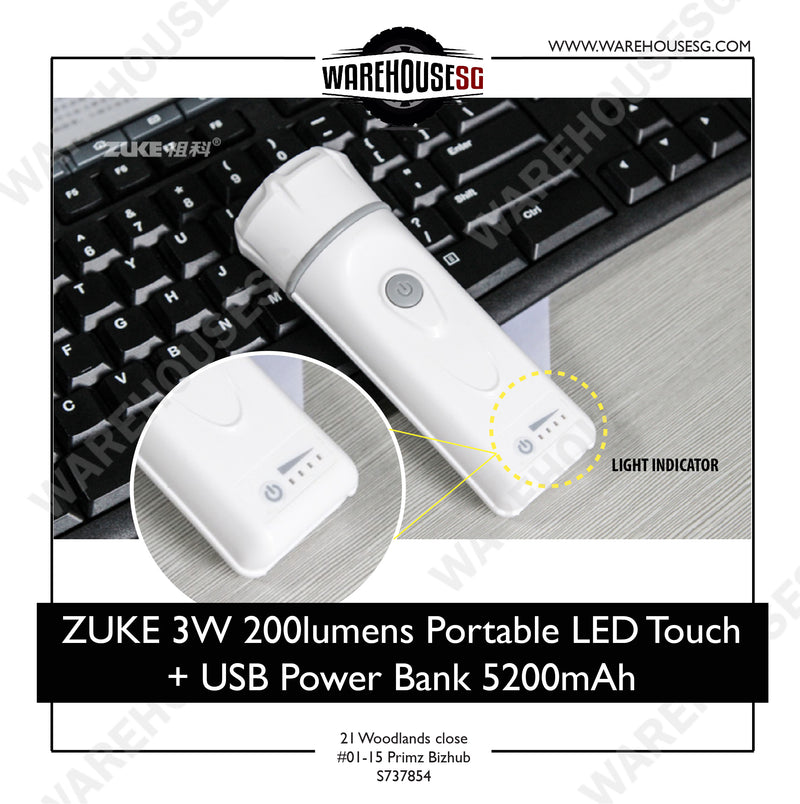 ZUKE 3W 200lumens Portable LED Touch + USB Power Bank 5200mAh