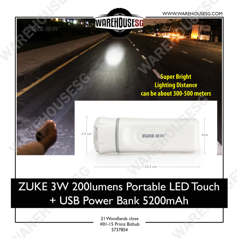 ZUKE 3W 200lumens Portable LED Touch + USB Power Bank 5200mAh