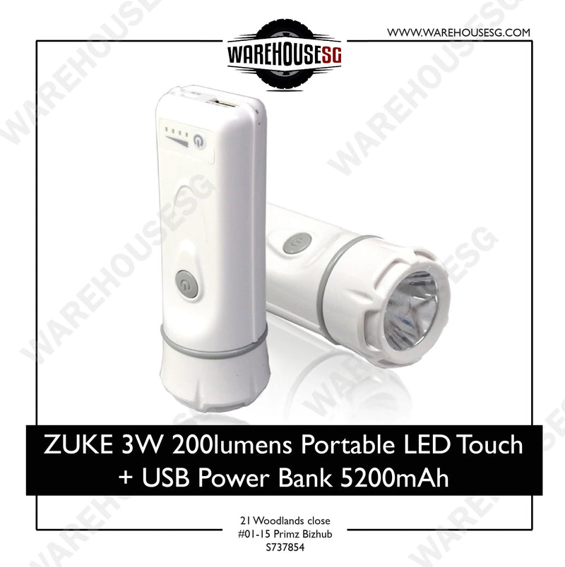 ZUKE 3W 200lumens Portable LED Touch + USB Power Bank 5200mAh