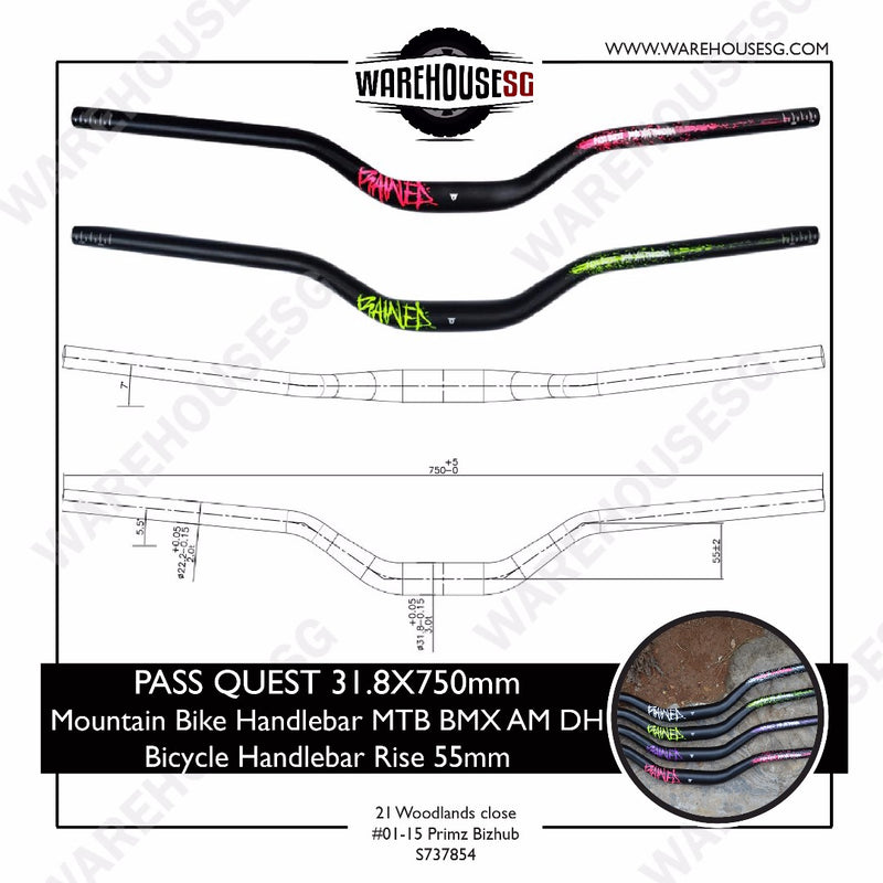 PASS QUEST 31.8x750mm Mountain bike handlebar MTB BMX AM DH Bicycle Handlebar Rise 55mm