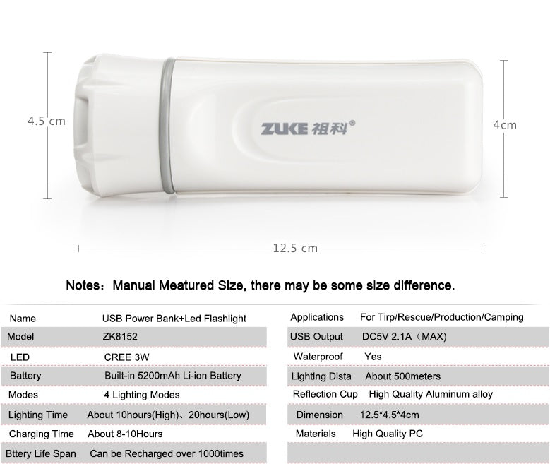 ZUKE 3W 200lumens Portable LED Touch + USB Power Bank 5200mAh